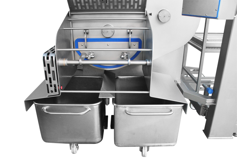 A stainless steel machine with two bins attached to it