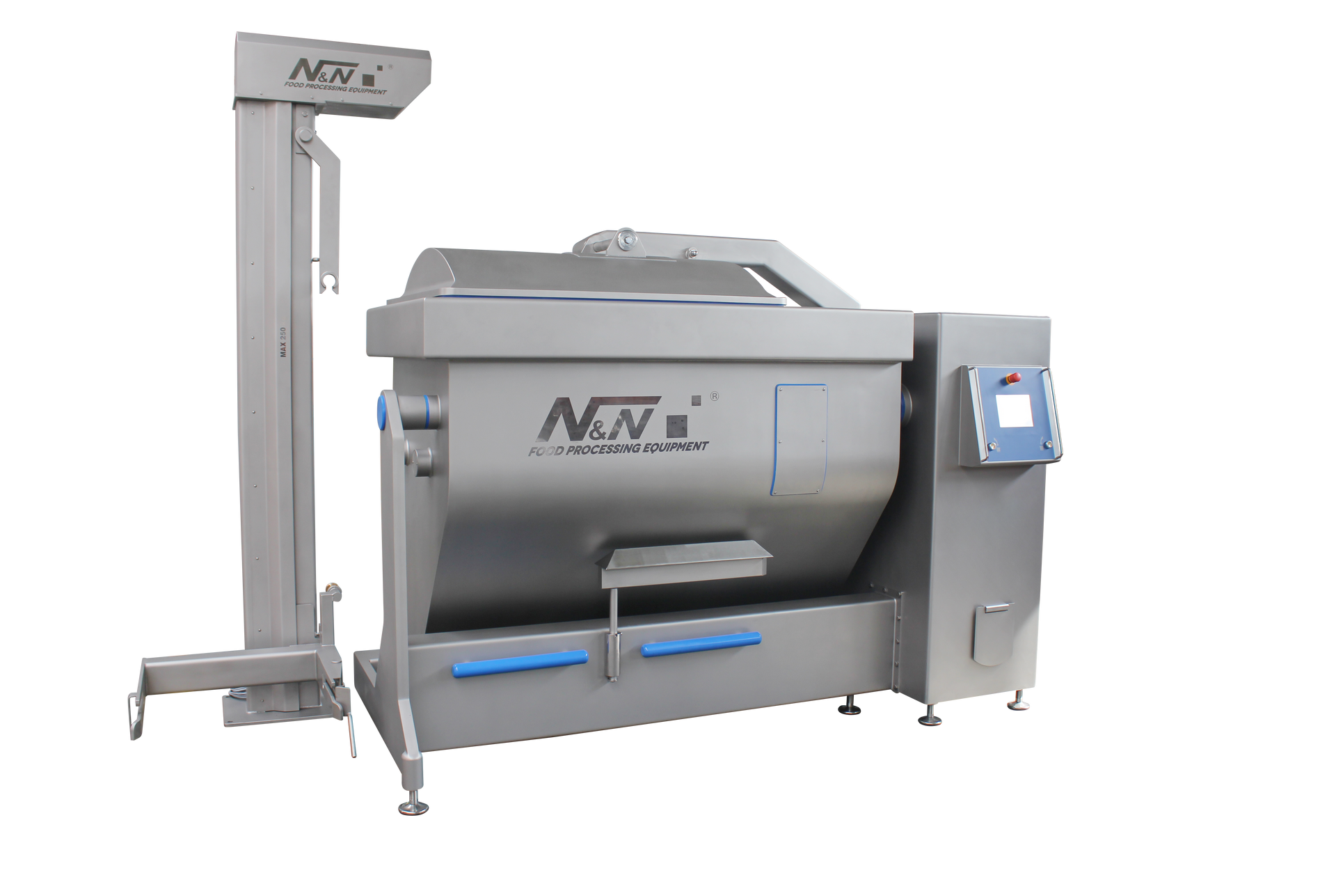 A stainless steel mixer with a lift attached to it on a white background.