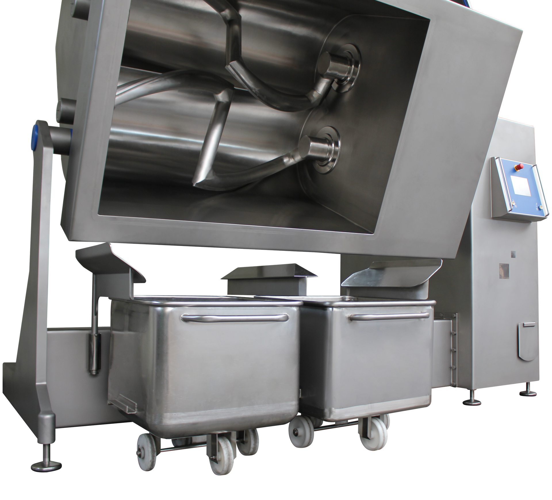 A large stainless steel machine with two bins attached to it