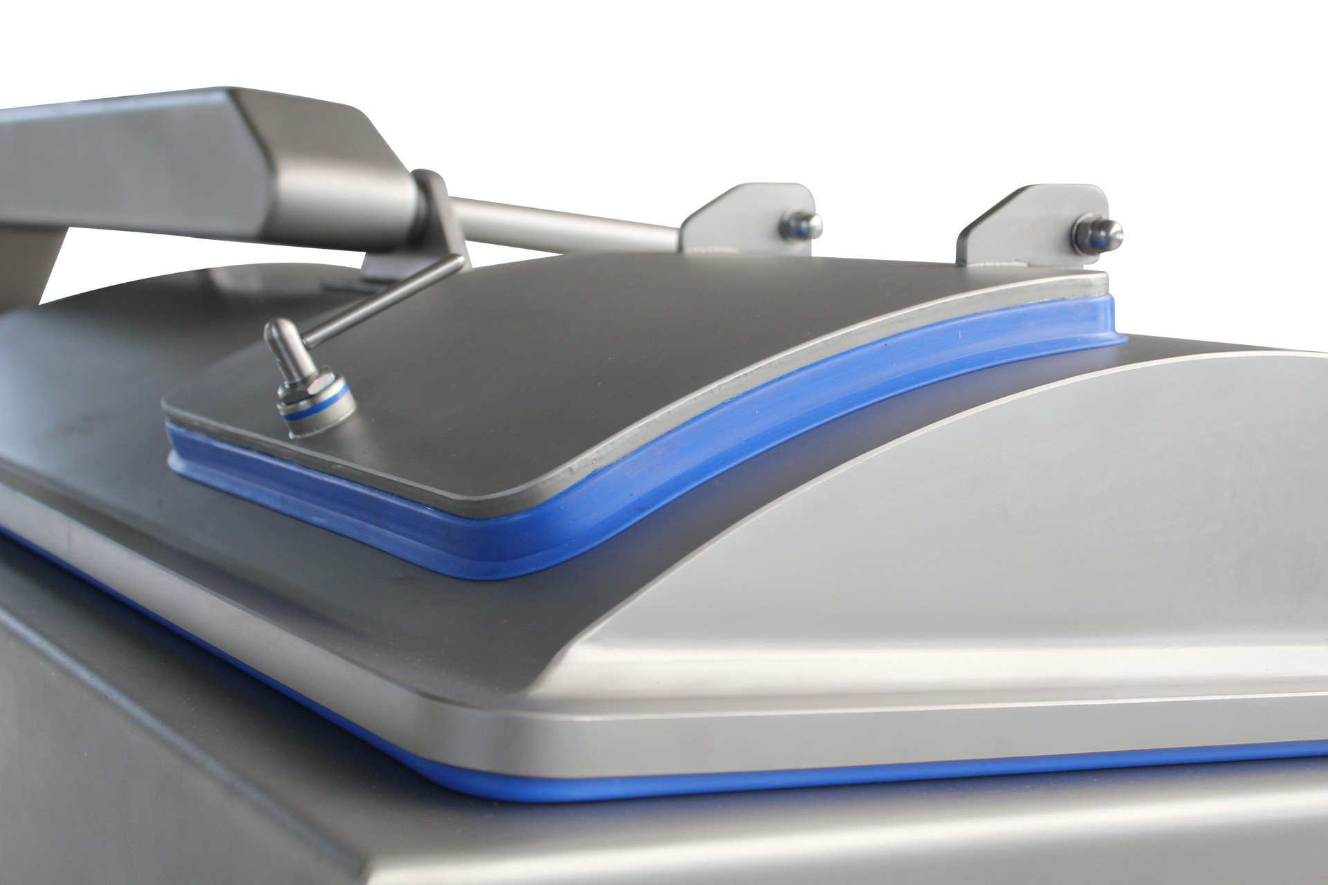 A close up of a machine with a blue rubber seal on it.