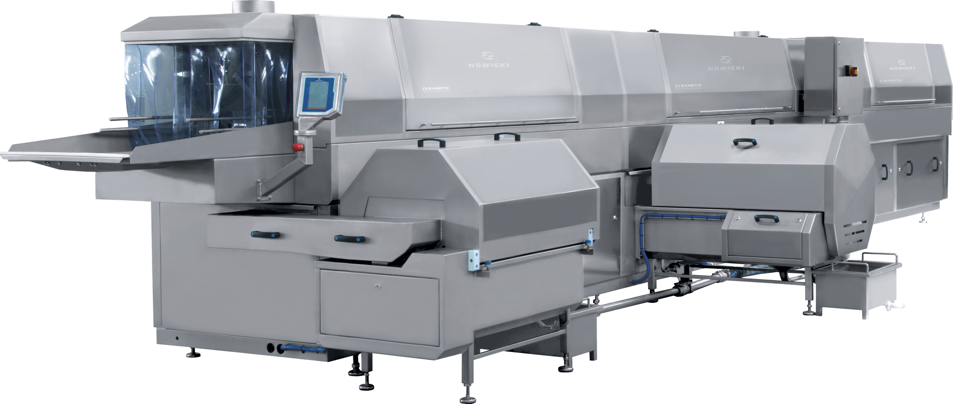 A large stainless steel machine is sitting on a white surface.