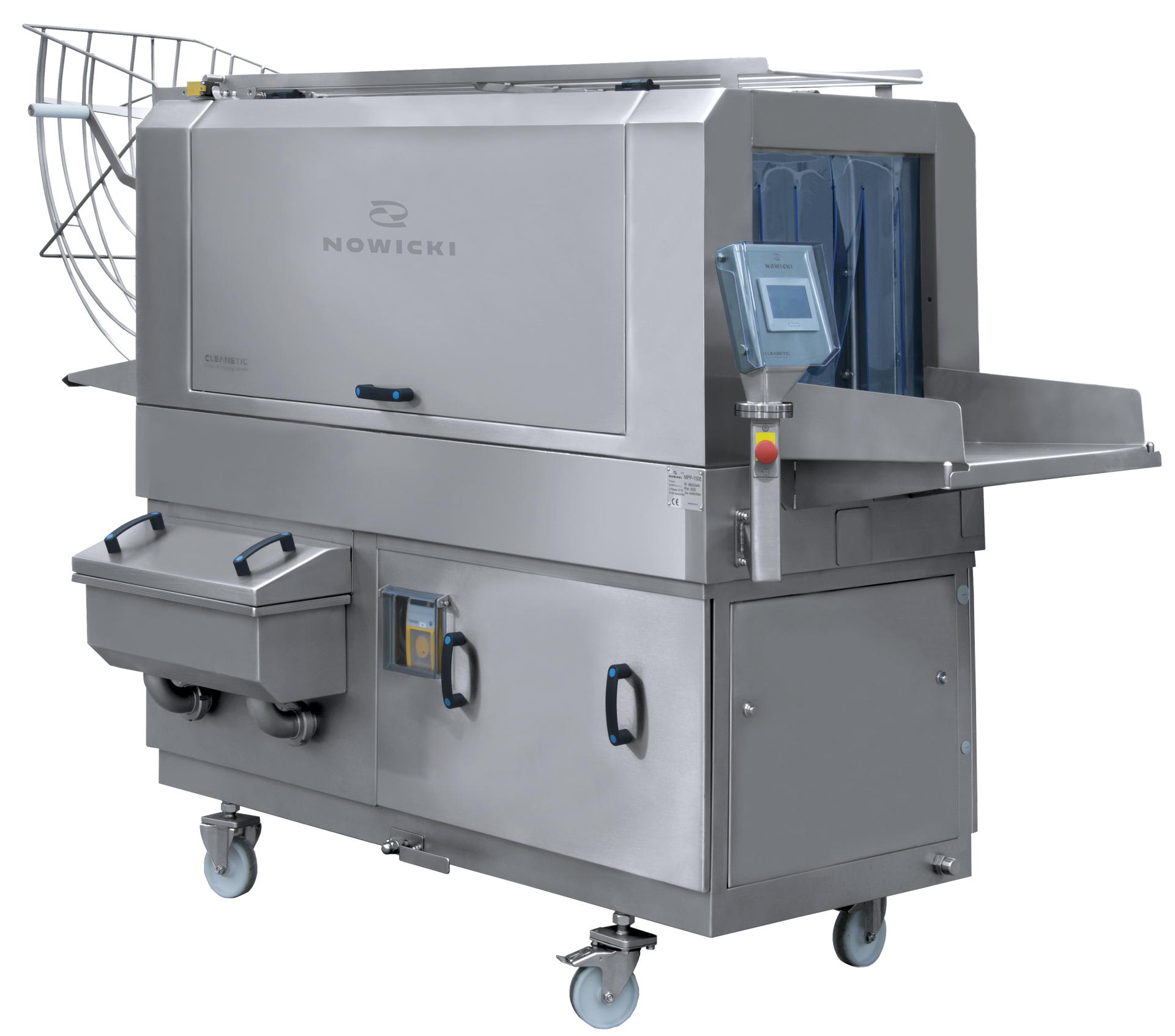A stainless steel machine with wheels on a white background.