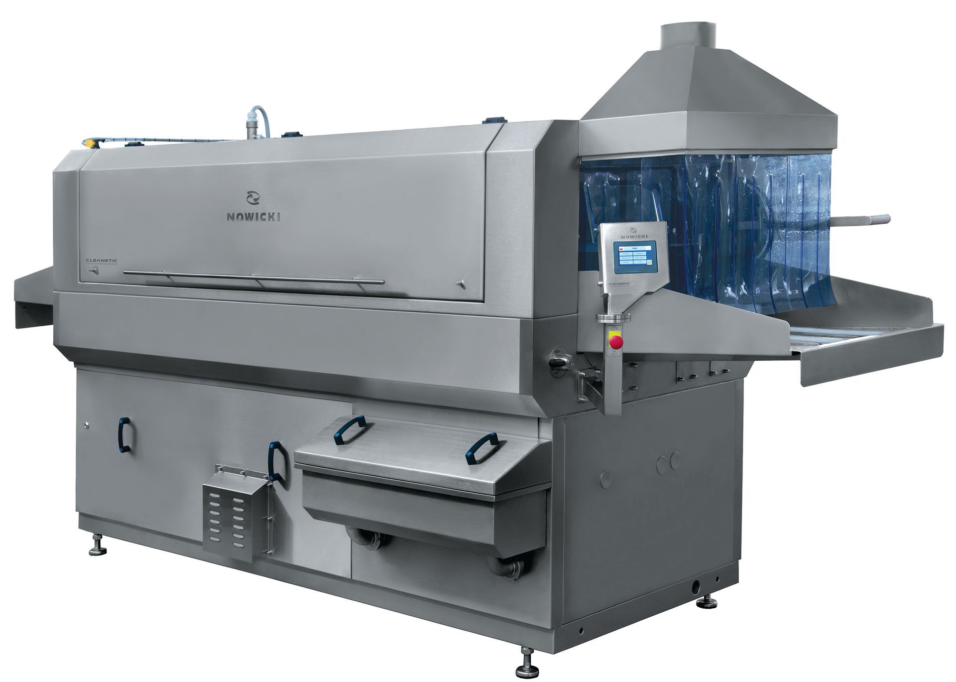 A large stainless steel machine is sitting on a white surface.