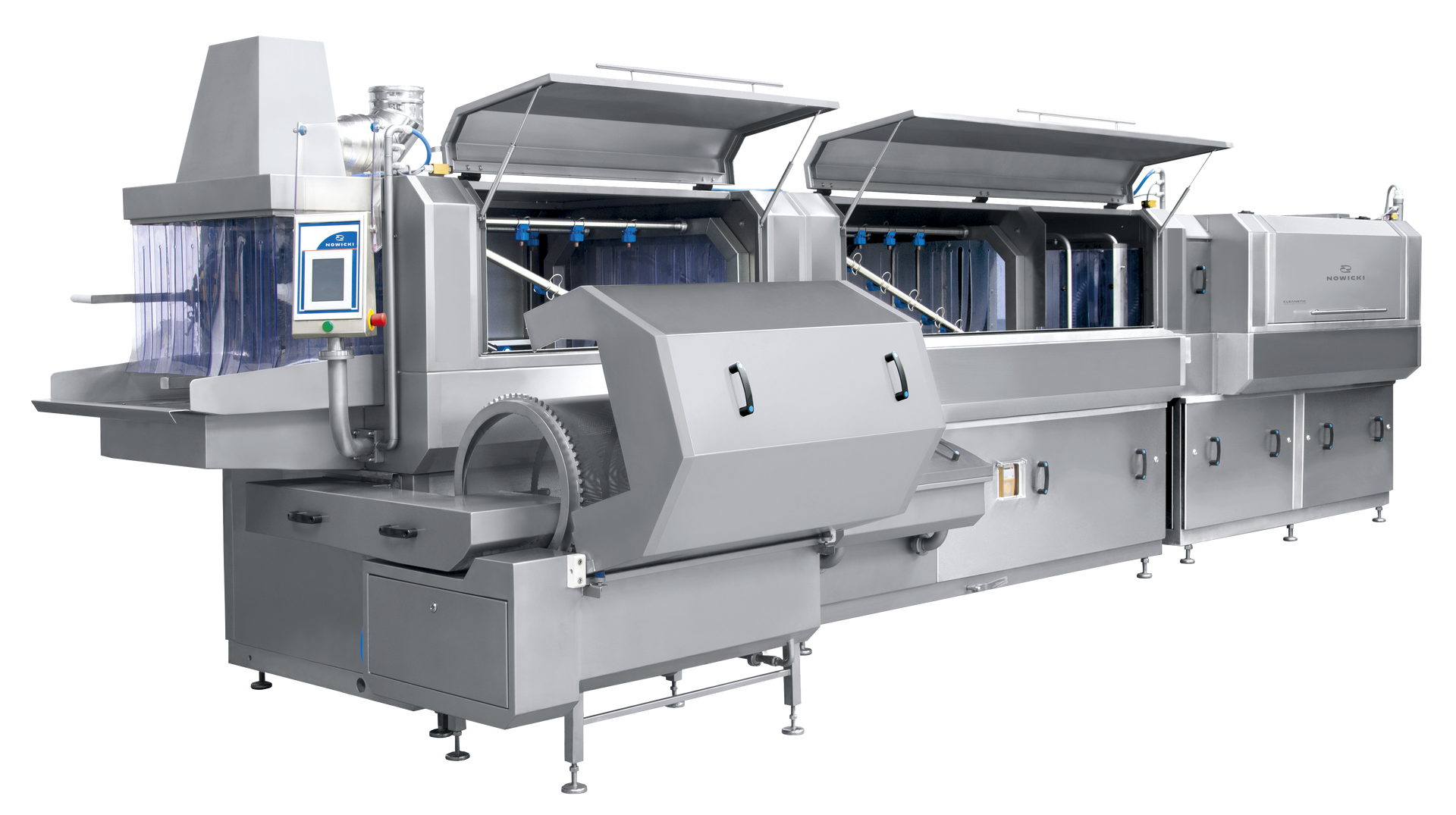 A large stainless steel machine with its doors open on a white background.