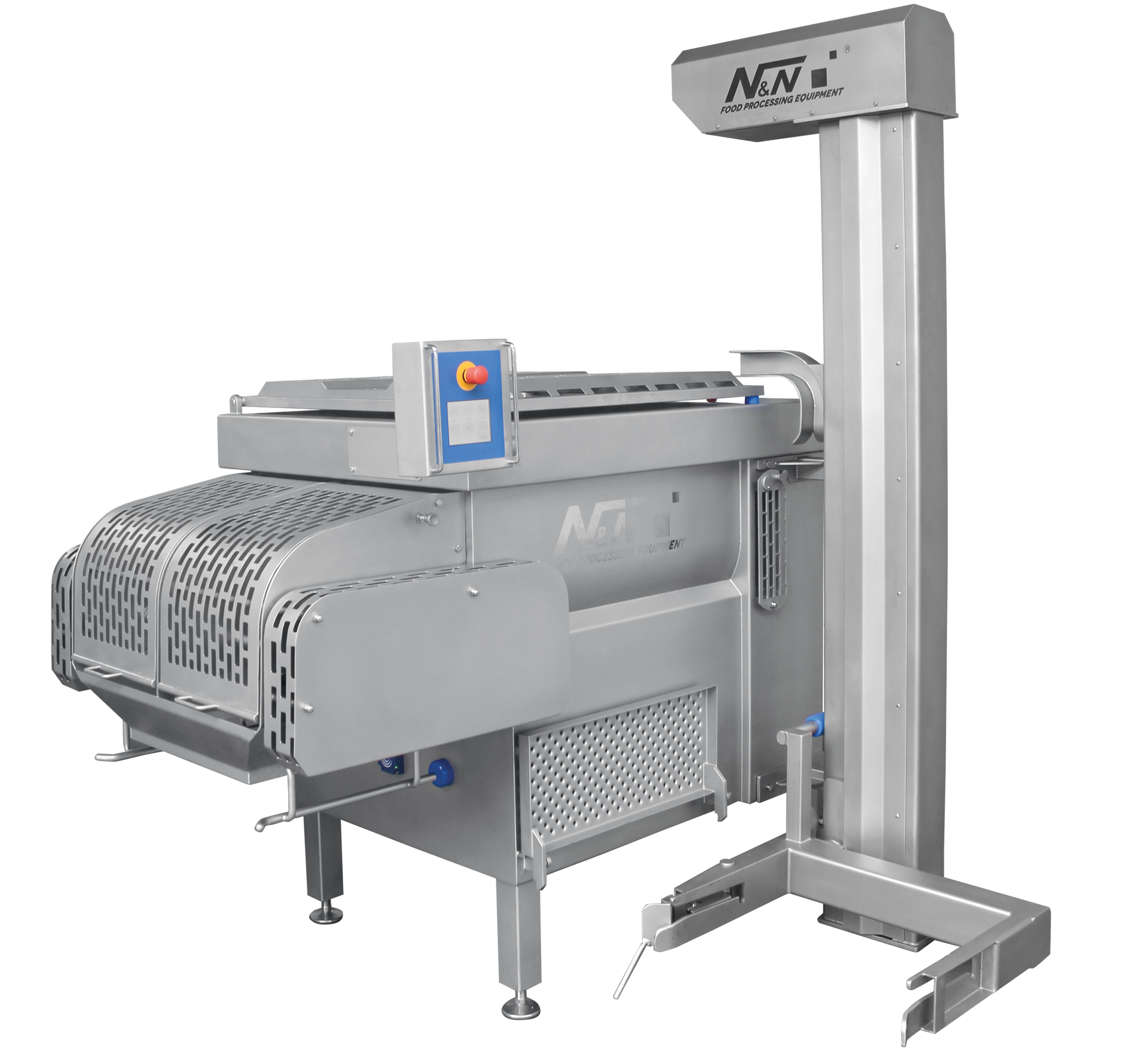 A stainless steel machine with a conveyor belt attached to it.