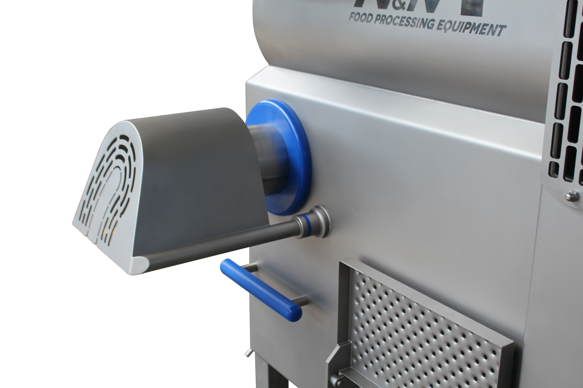 A close up of a stainless steel machine with a blue handle.