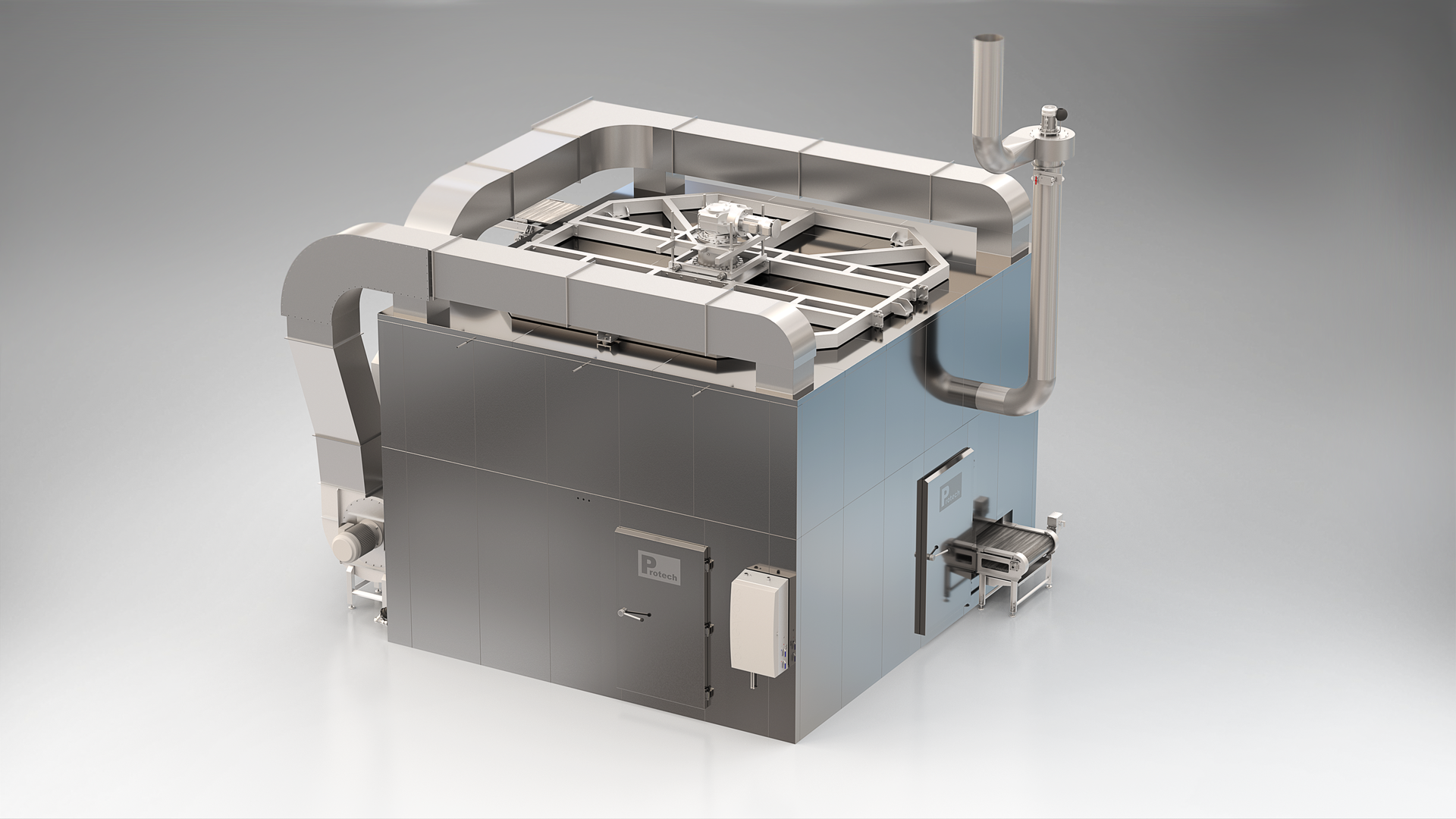 A 3d model of a stainless steel machine on a white surface.