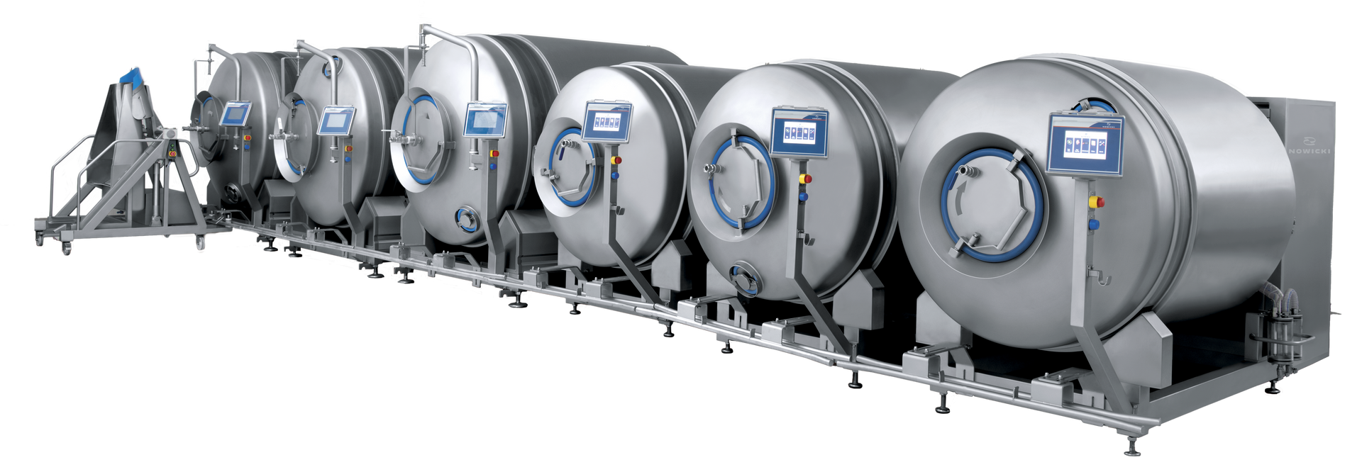 A row of stainless steel tanks are lined up in a row on a white background.