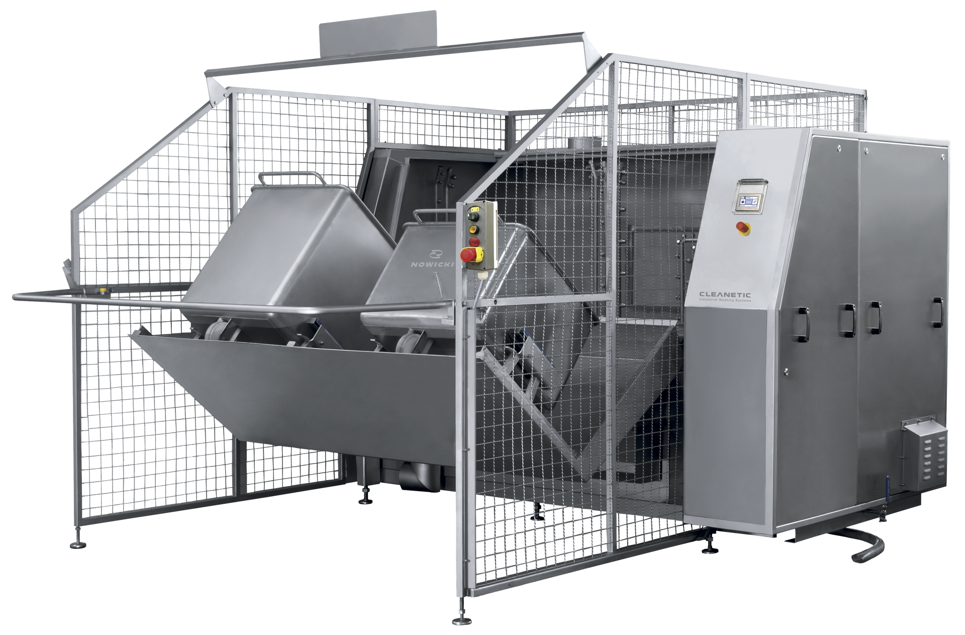 A large stainless steel machine is sitting inside of a cage.