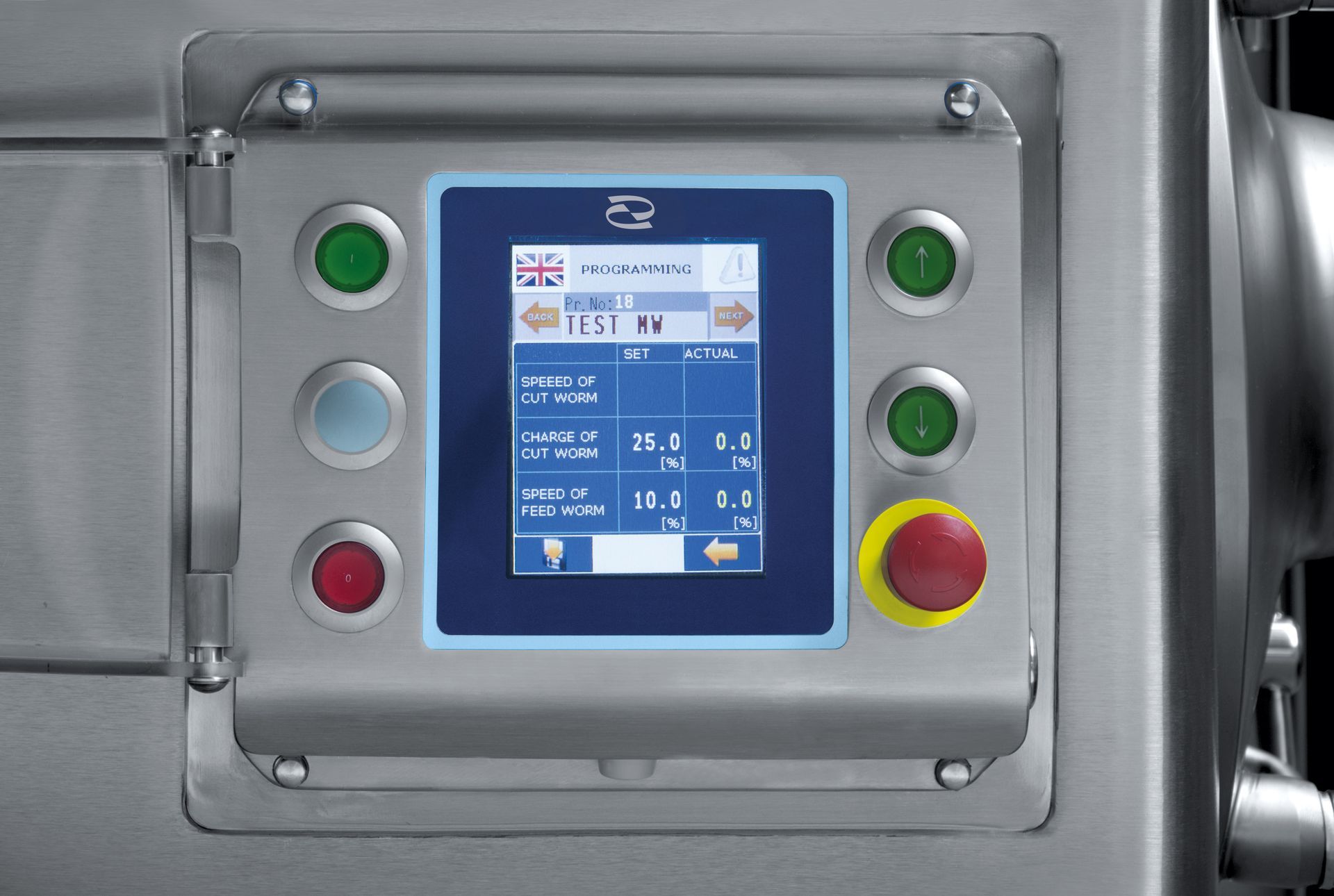 A stainless steel control panel with a screen that says ' powertec ' on it