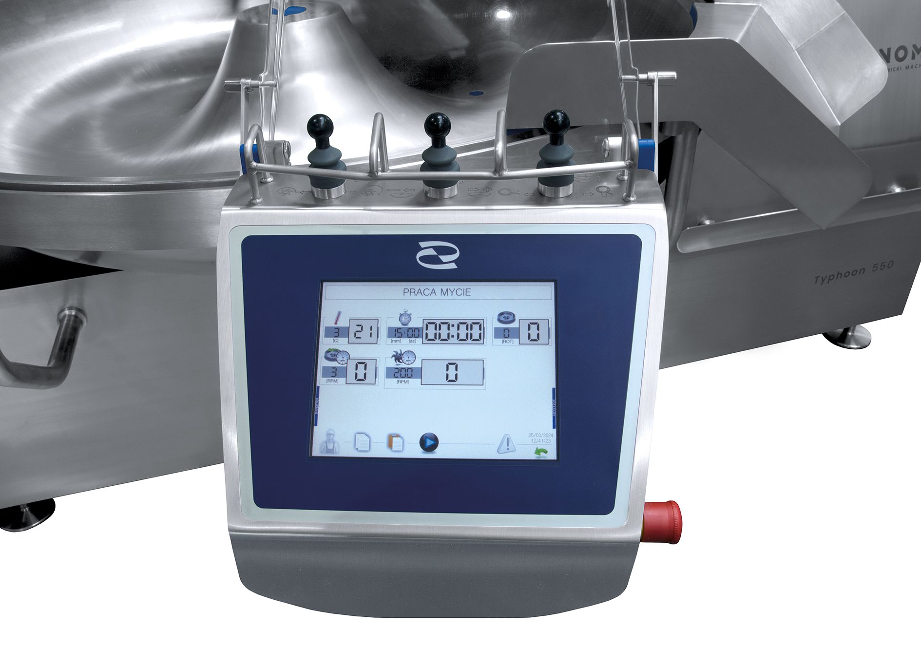 A stainless steel machine with a blue and white screen