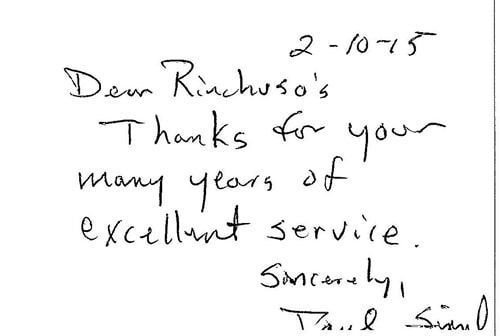 A handwritten note that says thanks for your excellent service