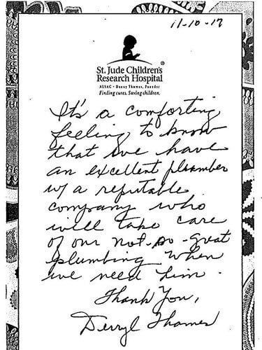 A black and white photo of a handwritten letter from a patient at st. jude children 's research hospital.