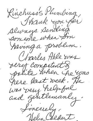A handwritten thank you note from a customer to a plumber.