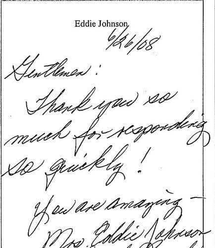 A handwritten thank you note from eddie johnson
