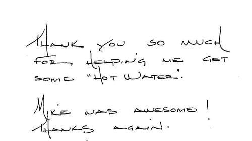 A handwritten note that says thank you so much for helping me get some hot water.