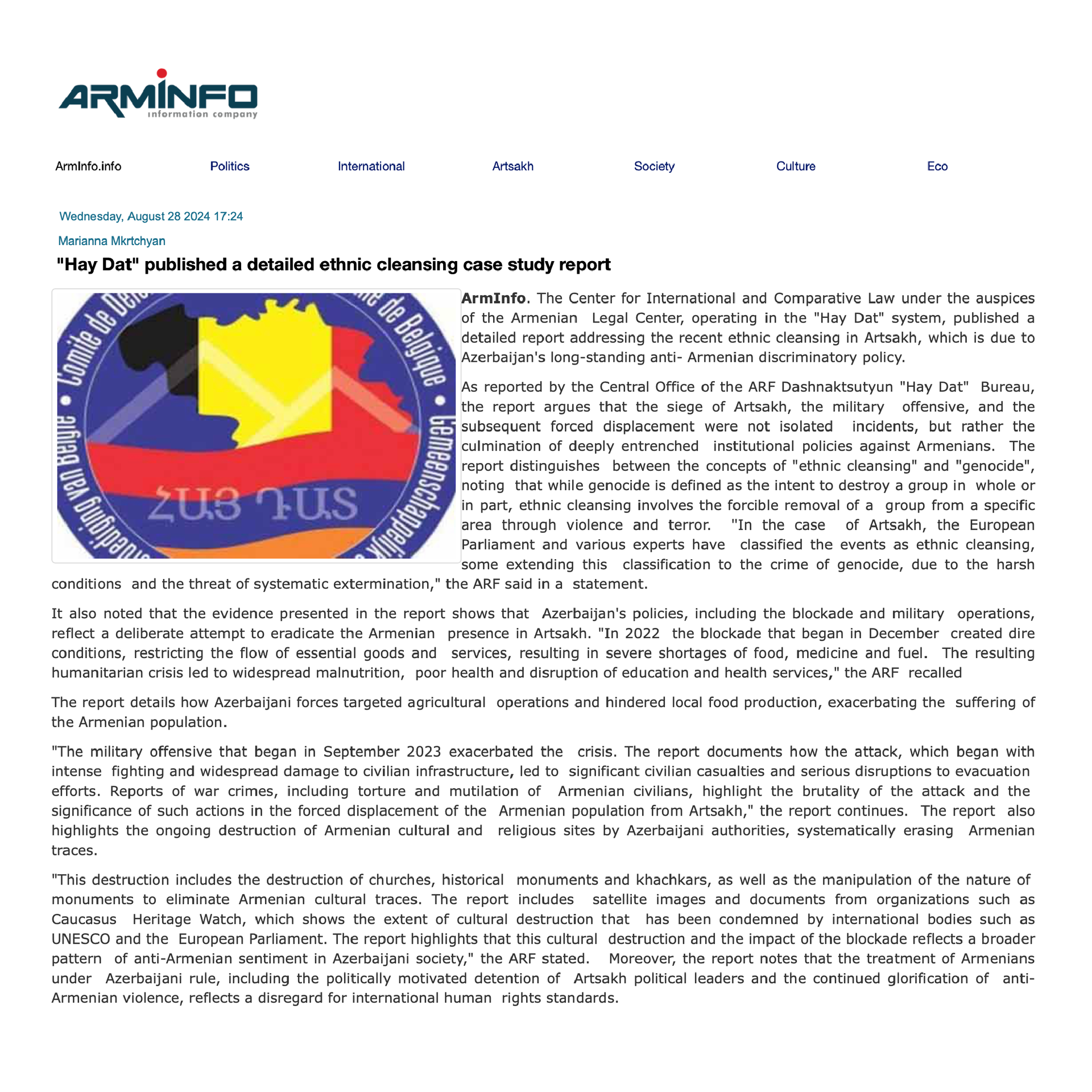 ArmInfo feature showing a report with text & a graphic of Armenia, Artsakh; Headline refers to a ethnic cleansing case study.