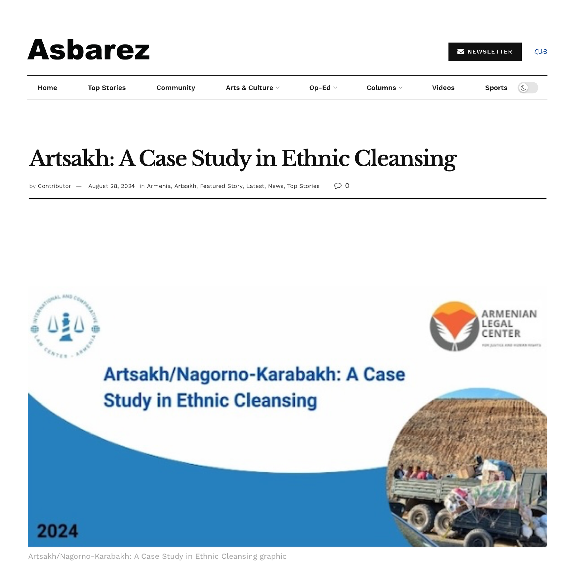 Asbarez media feature. Headline reads: “Artsakh: A Case Study in Ethnic Cleansing,” with map graphics and blue-white layout.