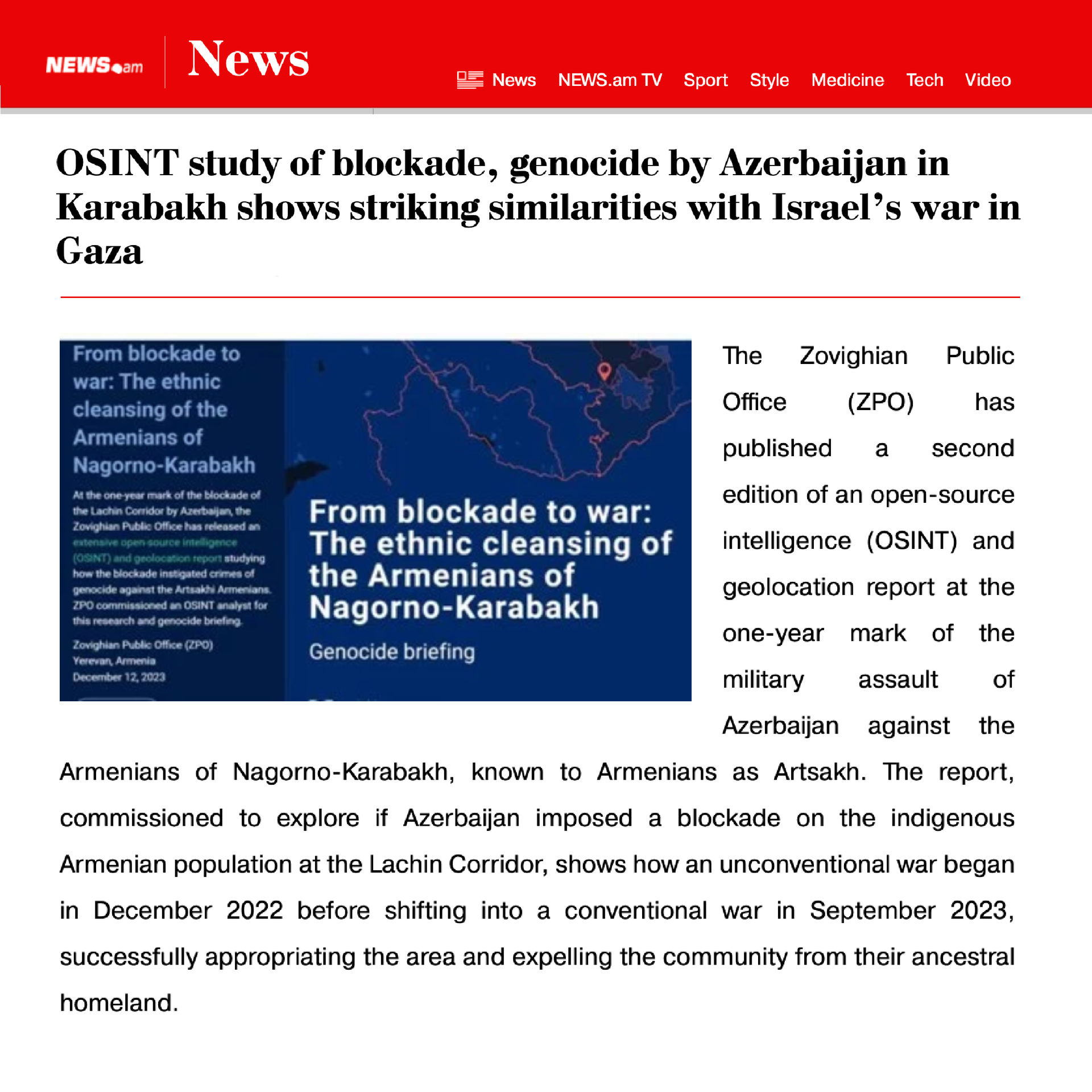 News.am media feature comparing blockade in Nagorno-Karabakh to Israel war in Gaza blue map background with red borders.