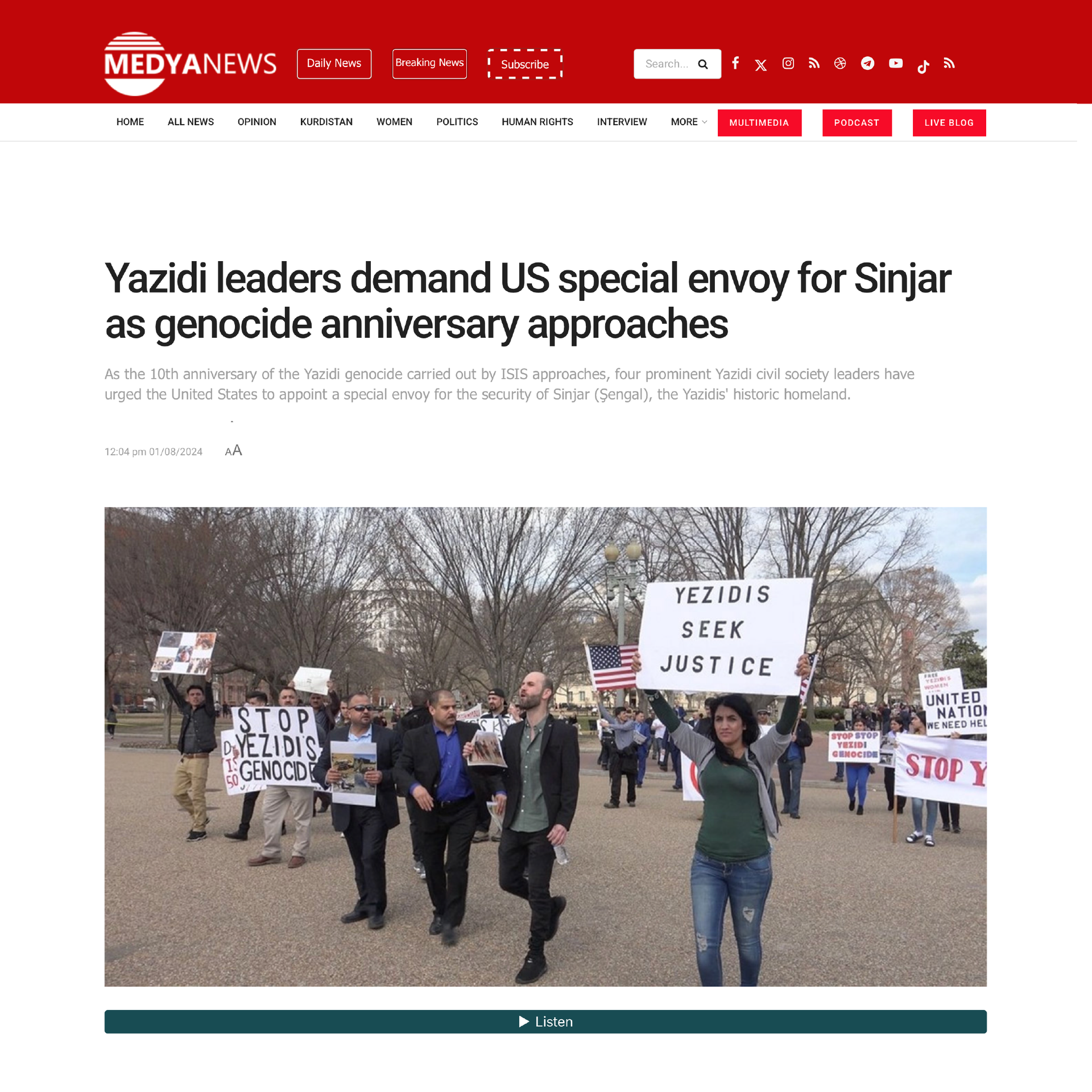 Medya News feature; protesters marching with signs, headline about Yazidi leaders demanding a US special envoy.