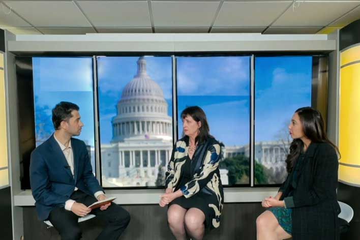 Rudaw media feature showing Lynn Zovighian & Nadine Maenza during an interview; Kurdish headline about US Congress relations
