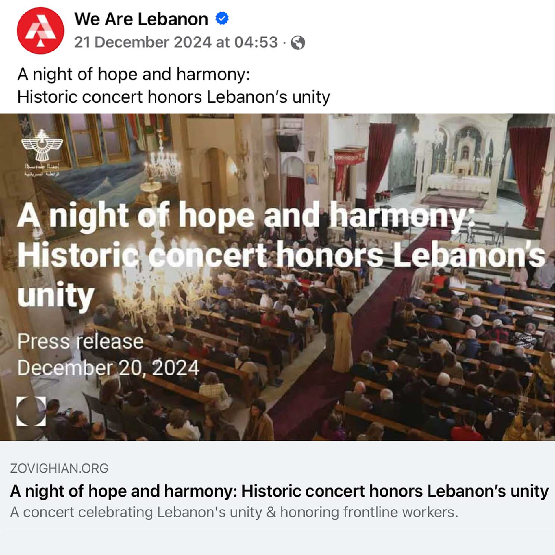 Media feature by We are Lebanon for press release titled: A night of hope and harmony Historic concert honors Lebanon's unity