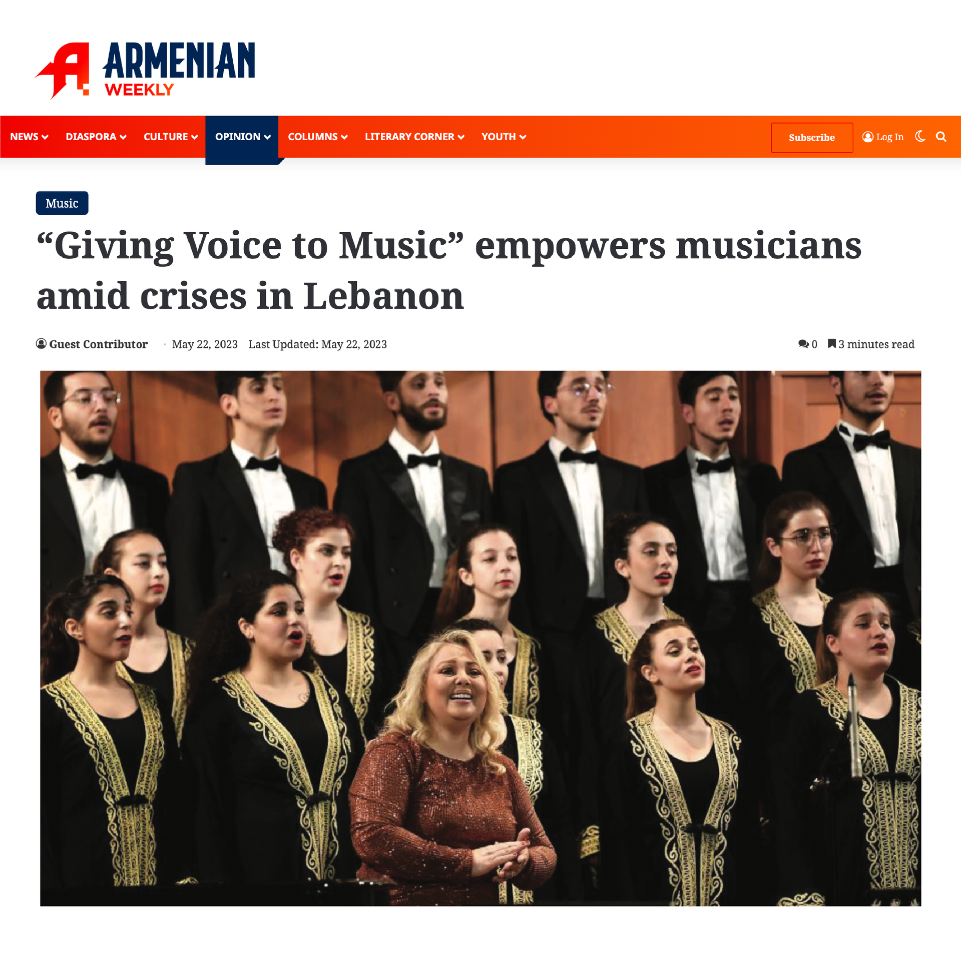 The Armenian Weekly feature; Maria Matter singing at Giving Voice to Music concert. Fayha National Choir in background.