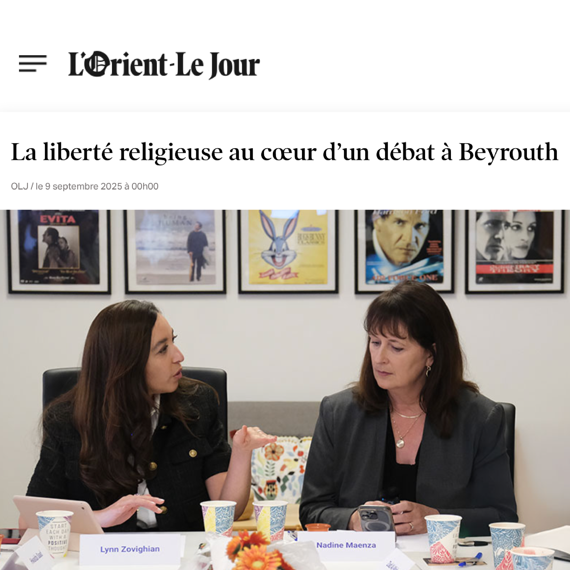 L'Orient - Le Jour feature about International religious freedom. Photo of Lynn Zovighian & Nadine Maenza during roundtable.