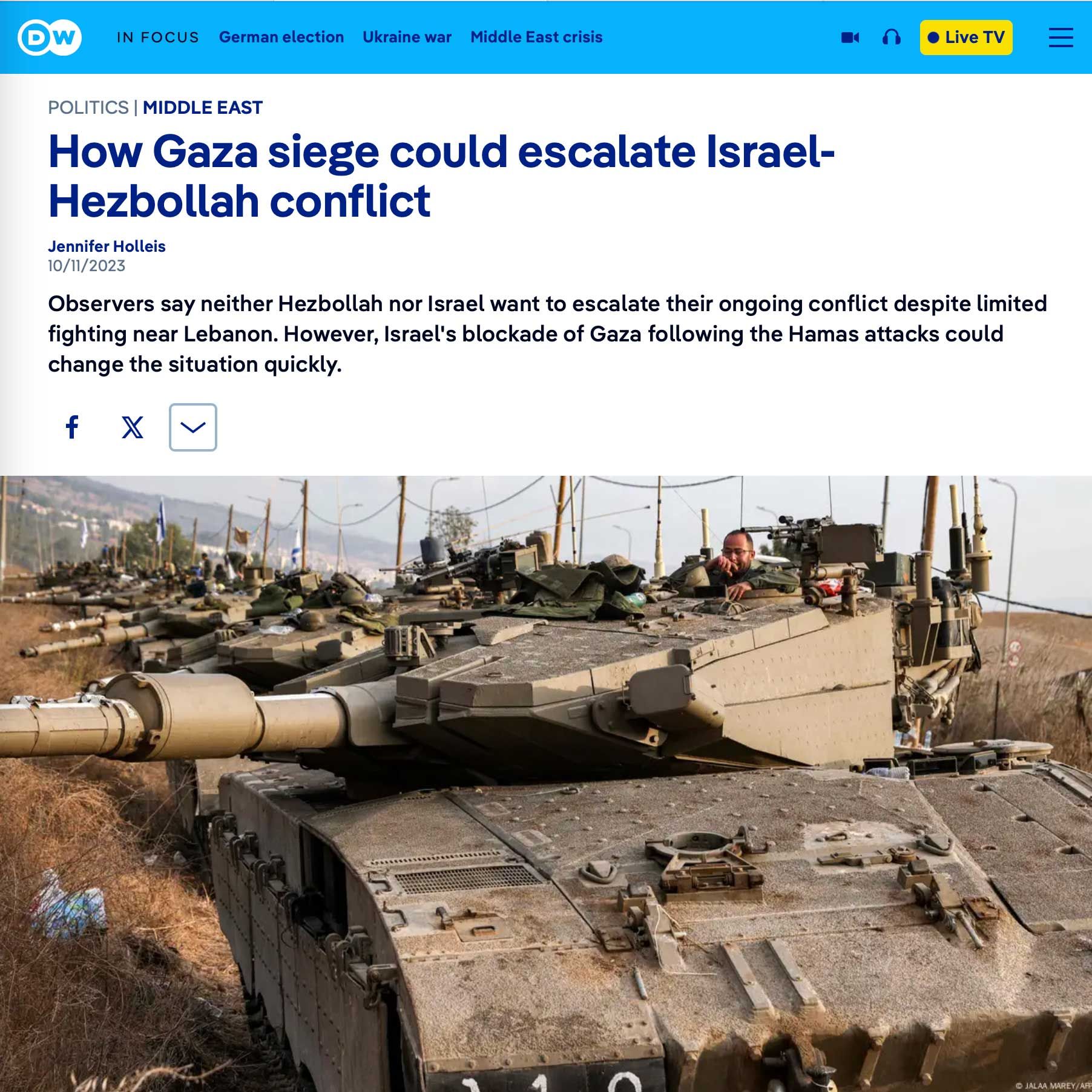 A news article about how gaza siege could escalate israel-hezbollah conflict