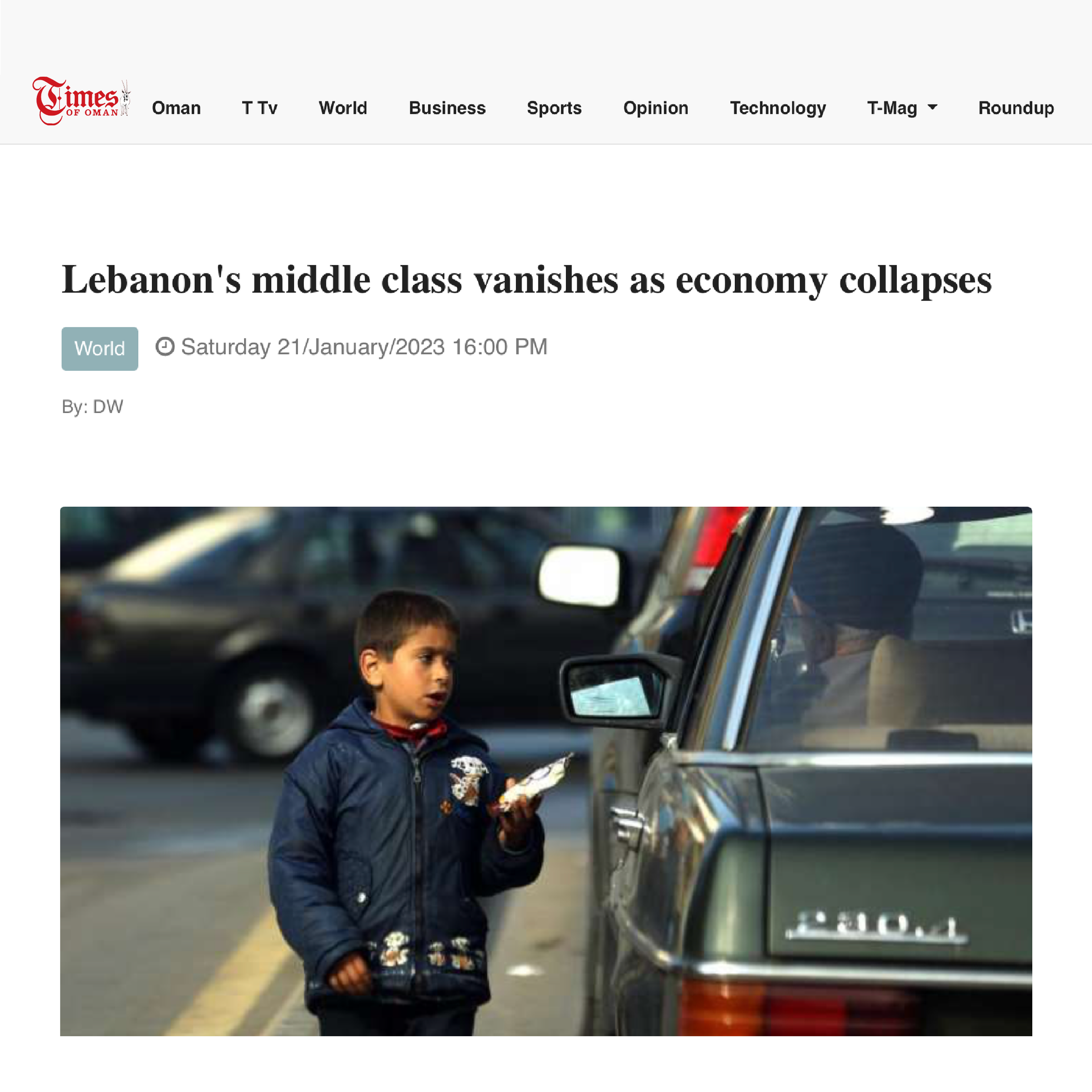Times of Oman media feature titled: Lebanon's middle class vanishes as economy collapses with image of a boy next to a car