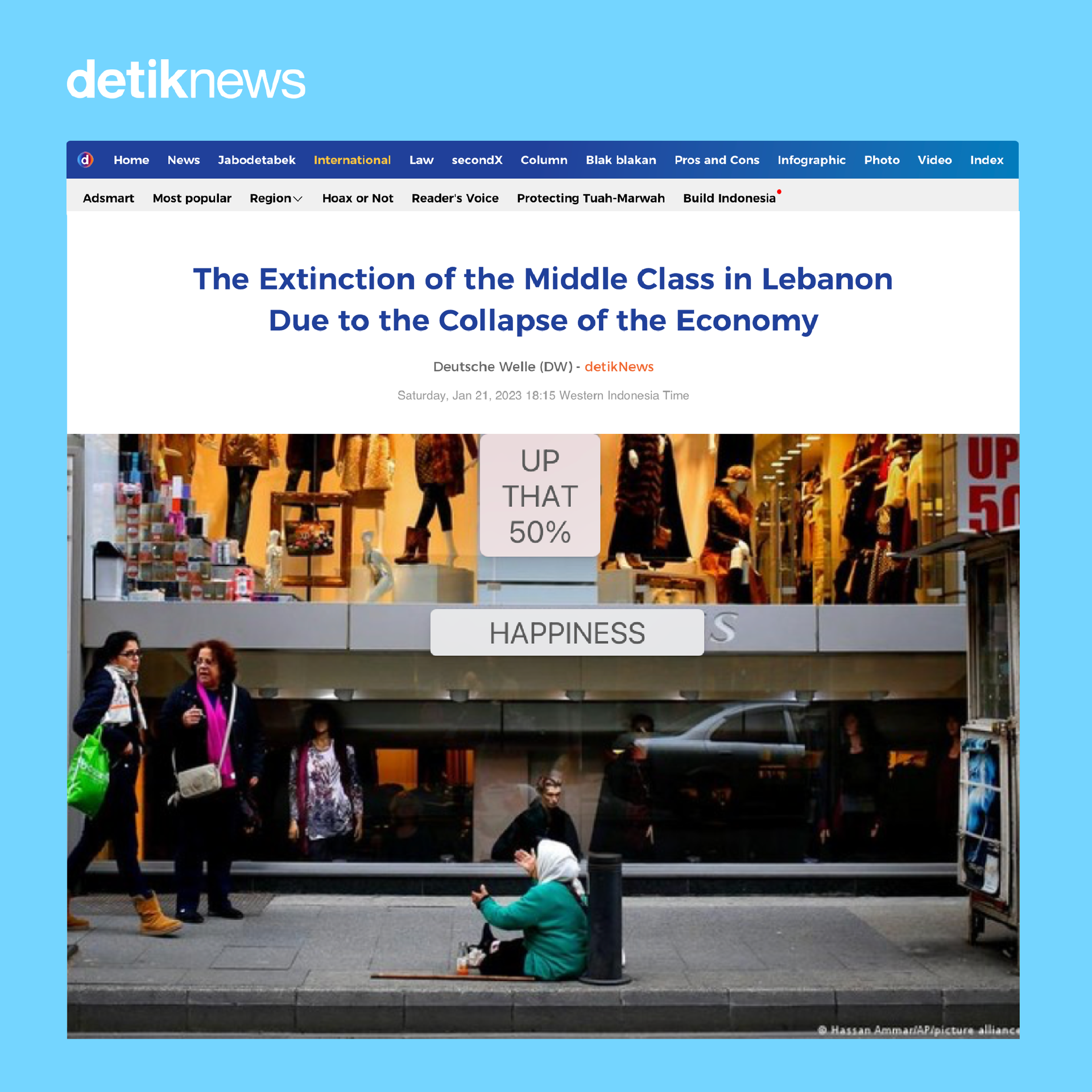 DetikNews Indonesia feature showing people walking past a “Happiness” storefront; headline about Lebanon’s crisis.