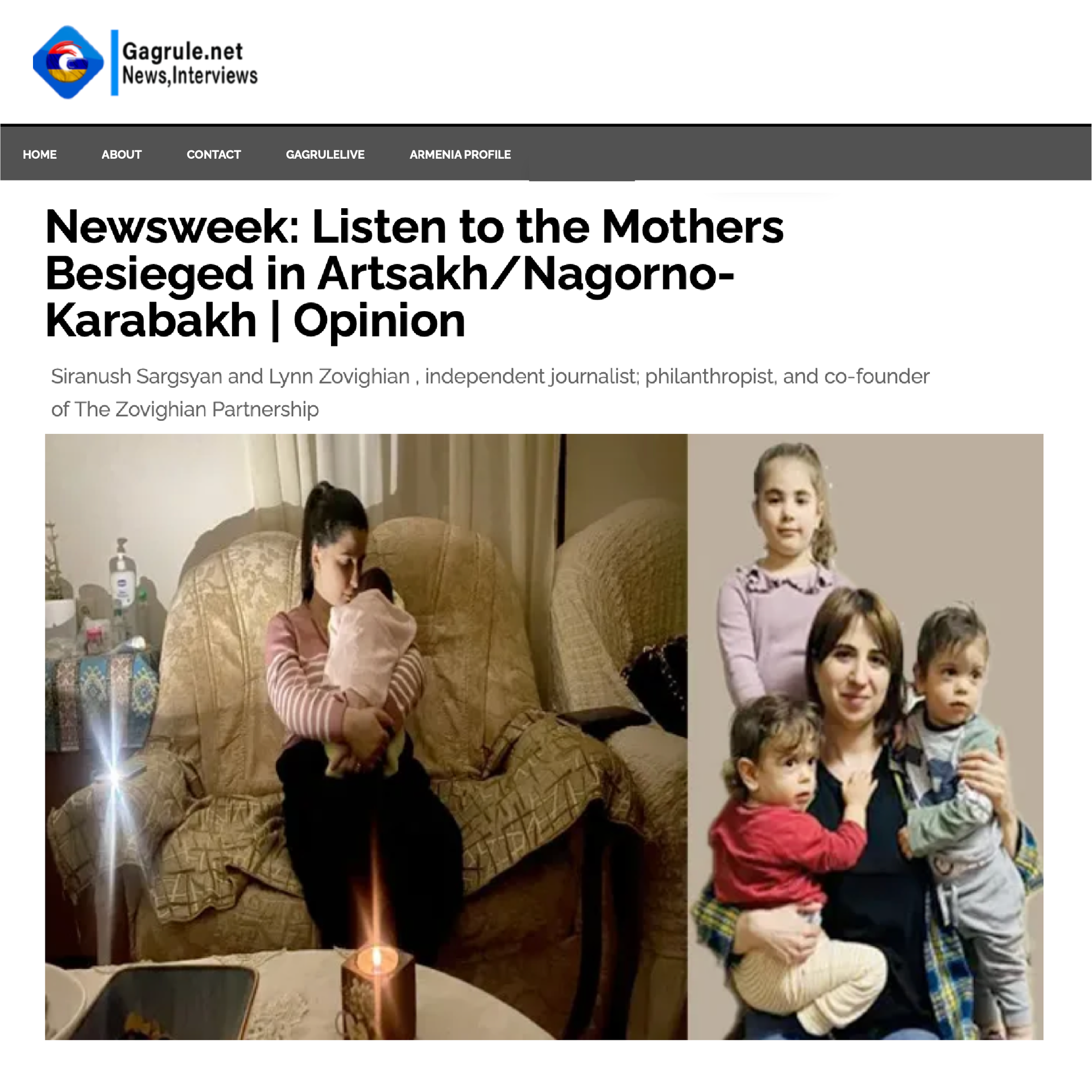 Gargule.net showing two women with children; headline discusses listening to mothers under siege in Artsakh/Nagorno-Karabakh.