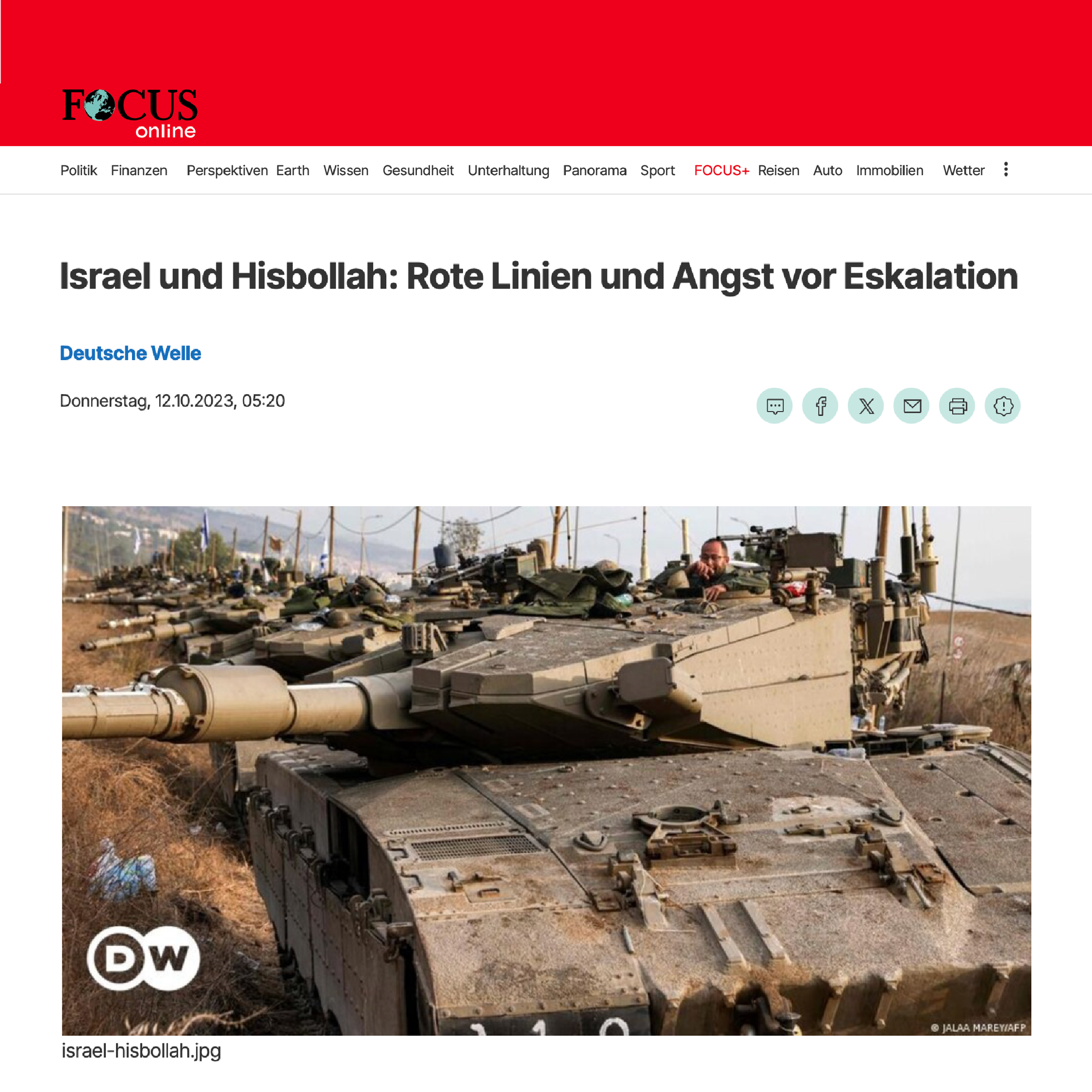 Focus Online feature. Tanks on a hillside; soldiers visible. Headline: Israel and Hezbollah: Red Lines & fear of escalation.