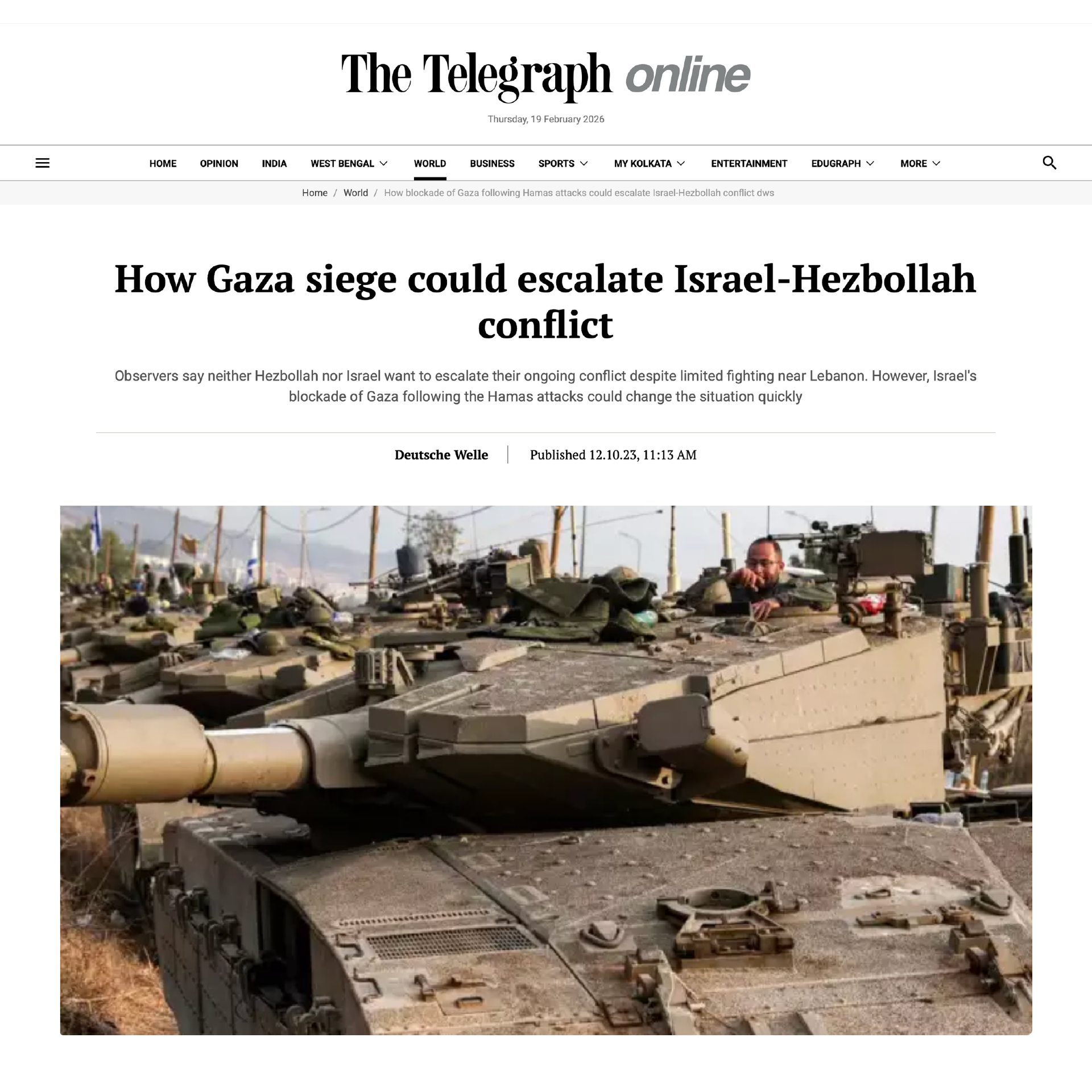 The Telegraph Online feature;  A soldier on a tank; Headline: How the Gaza siege could escalate the Israel-Hezbollah conflict
