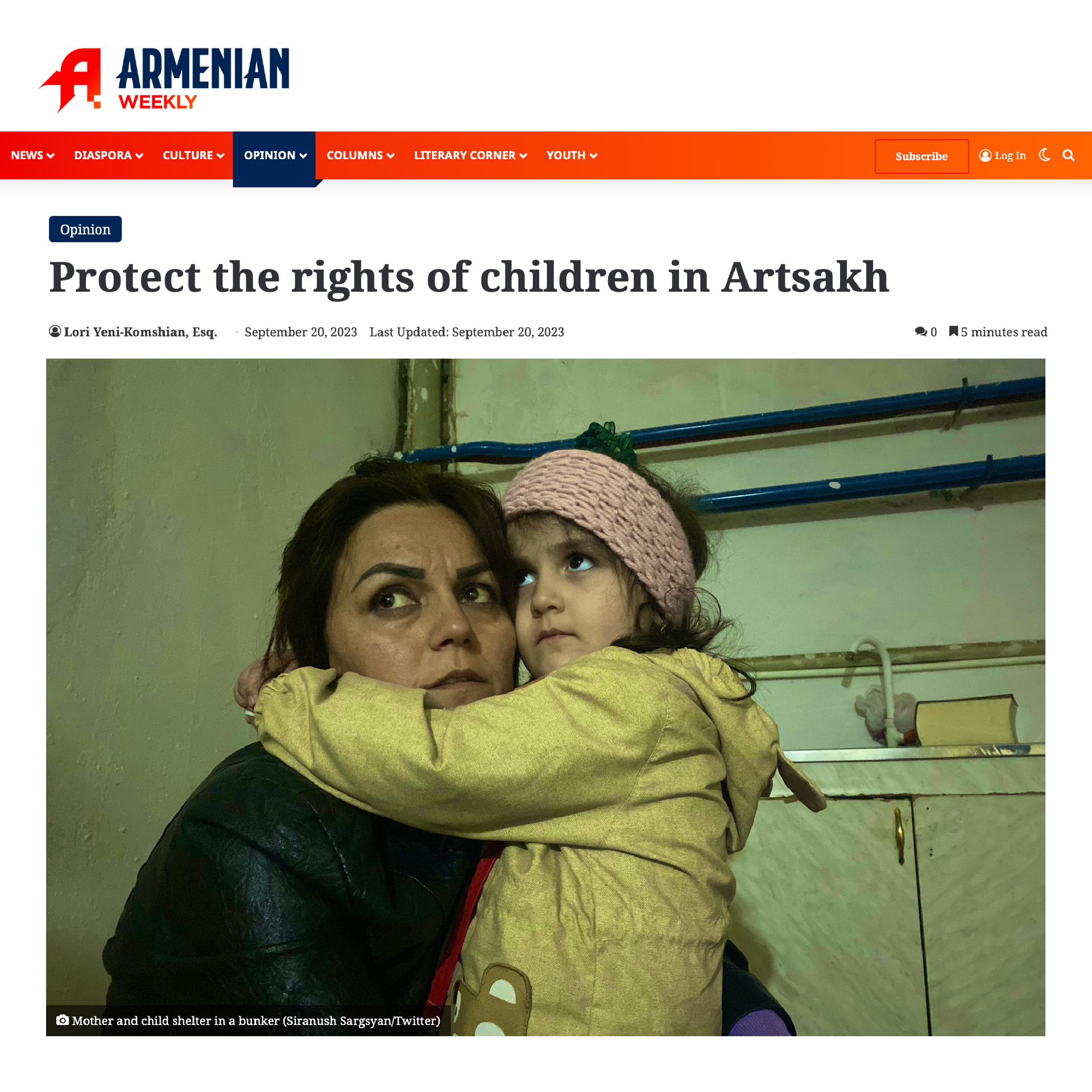 The Armenian Weekly article with a woman holding a child; headline urges protecting children’s rights in Artsakh.