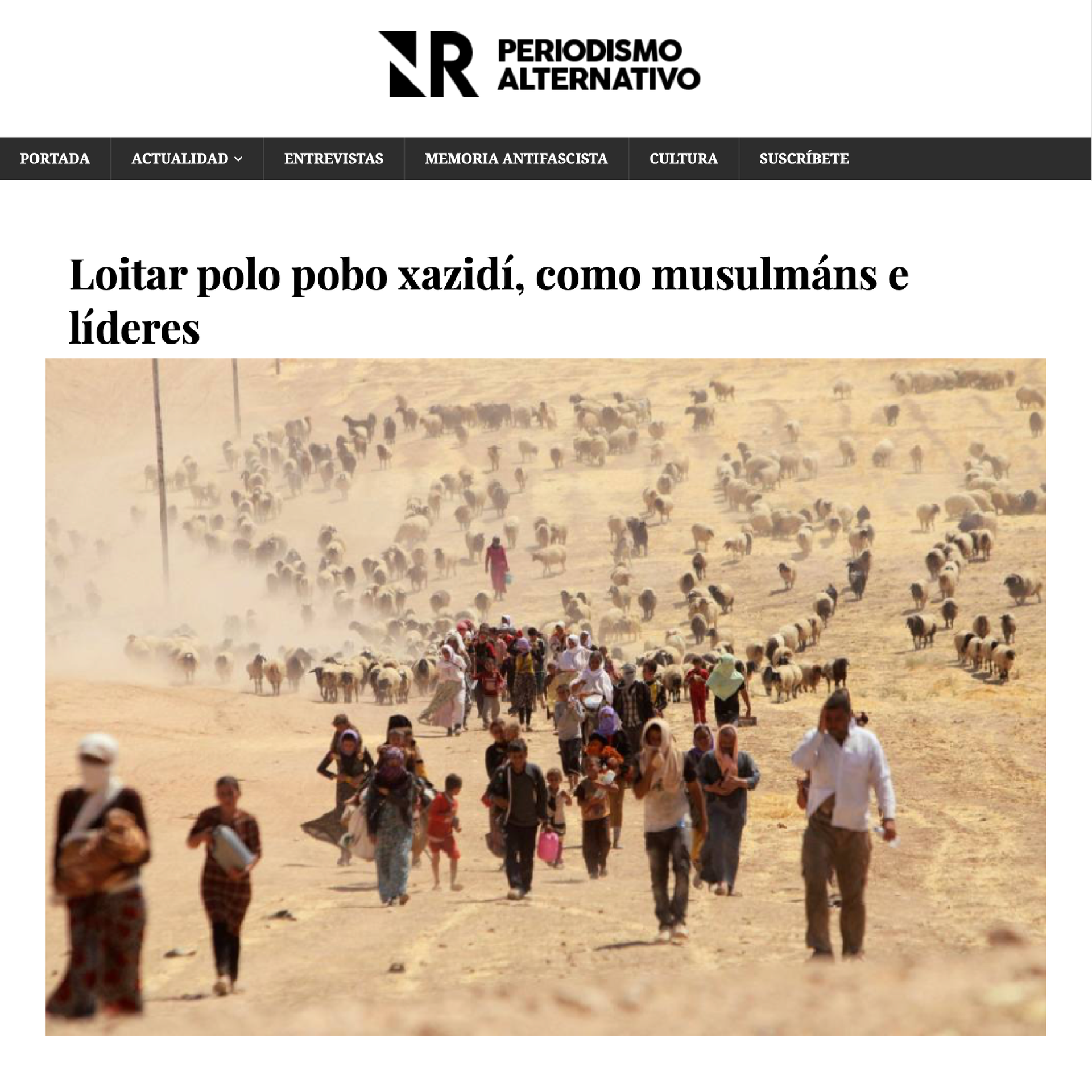 Periodismo Alternativo feature; people walking through a dusty landscape with sheep; headline in Spanish about Yazidi people