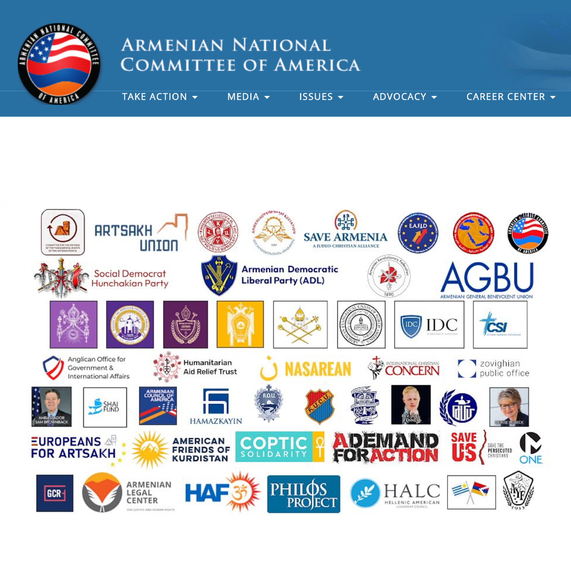 ANCA media feature displaying multiple Armenian organizational logos, headline text related to advocacy & community networks