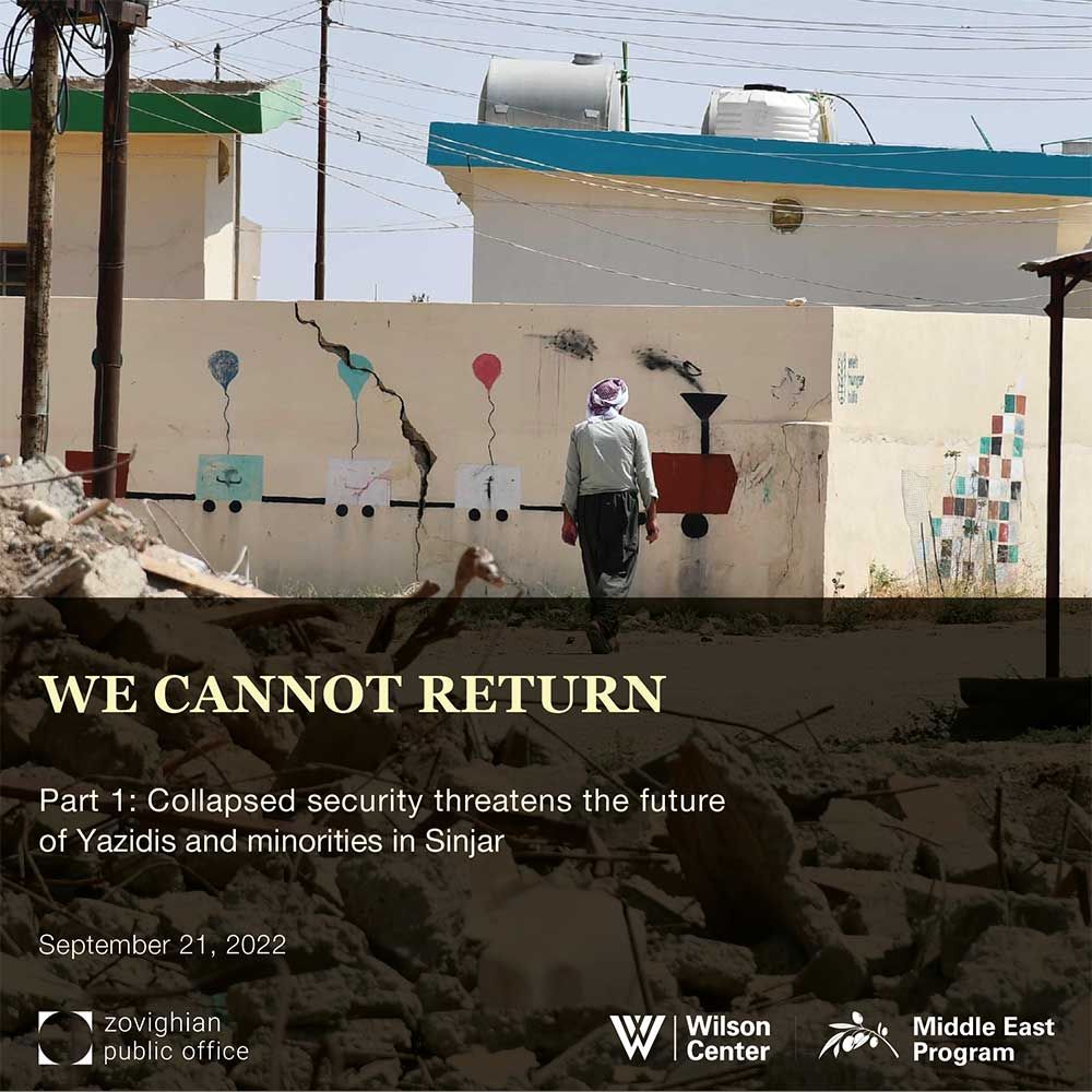 Yazda Part 2 policy paper cover, depicting destroyed buildings, with the title There is no future in Sinjar without safety and agency