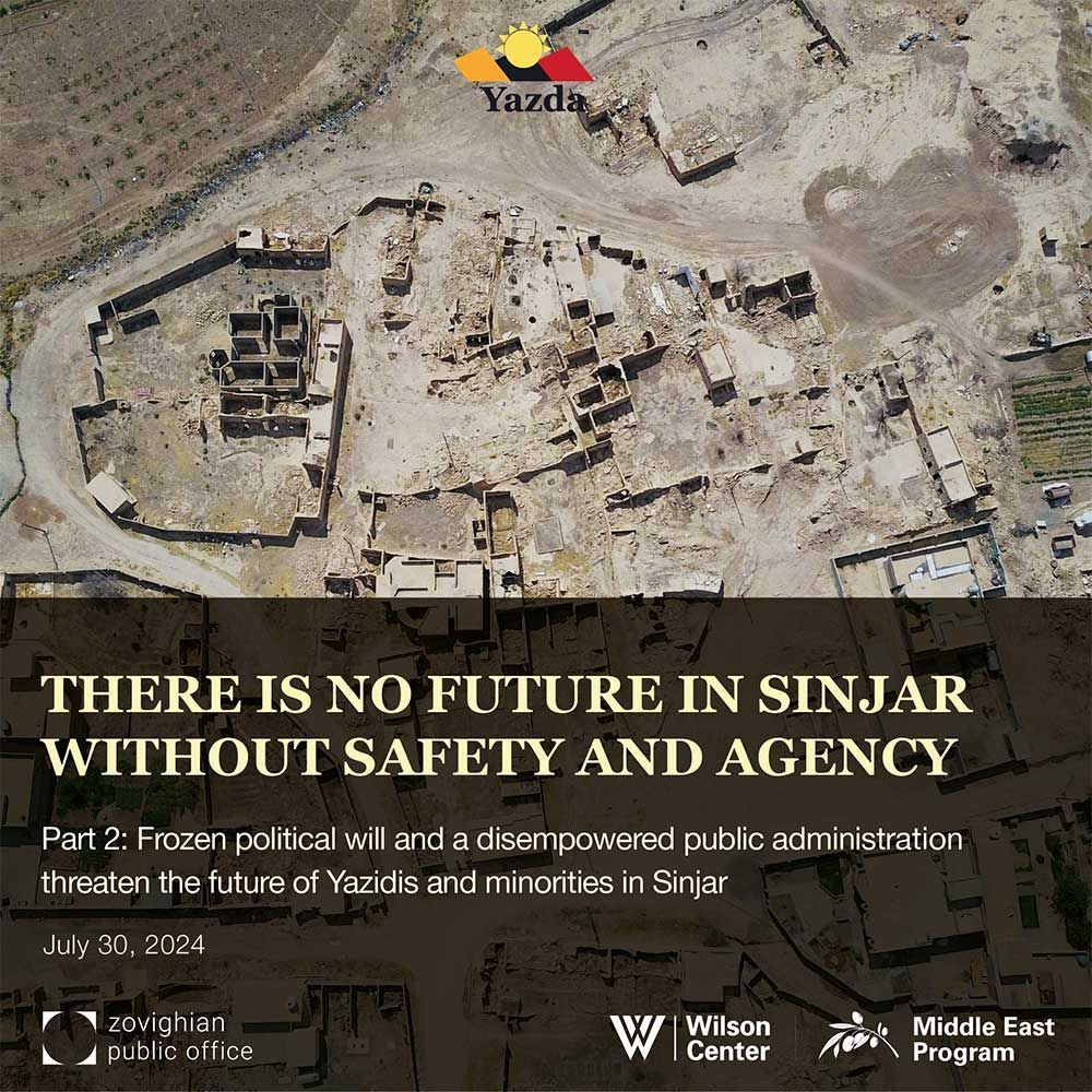 Yazda Part 2 policy paper cover, depicting destroyed buildings, with the title There is no future in Sinjar without safety and agency