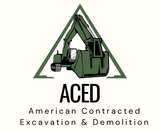 Logo for ACED, featuring a green excavator inside a green triangle. Text: ACED, American Contracted Excavation & Demolition.