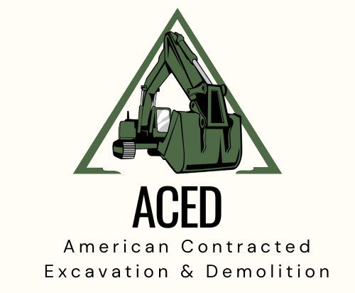 Logo for ACED, featuring a green excavator inside a green triangle. Text: ACED, American Contracted Excavation & Demolition.