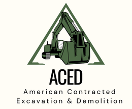 Logo for ACED, featuring a green excavator inside a green triangle. Text: ACED, American Contracted Excavation & Demolition.