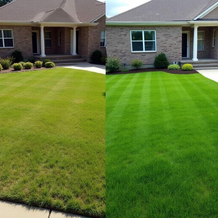 This is a side-by-side picture of before a sprinkler system was installed with after installation.