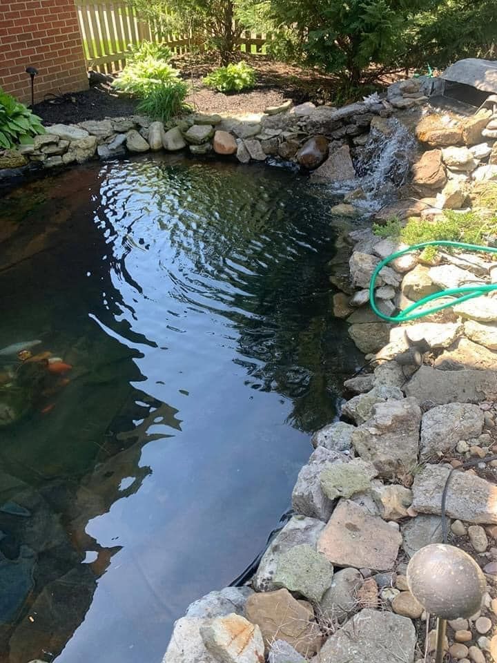 A pond with a waterfall and a hose in it
