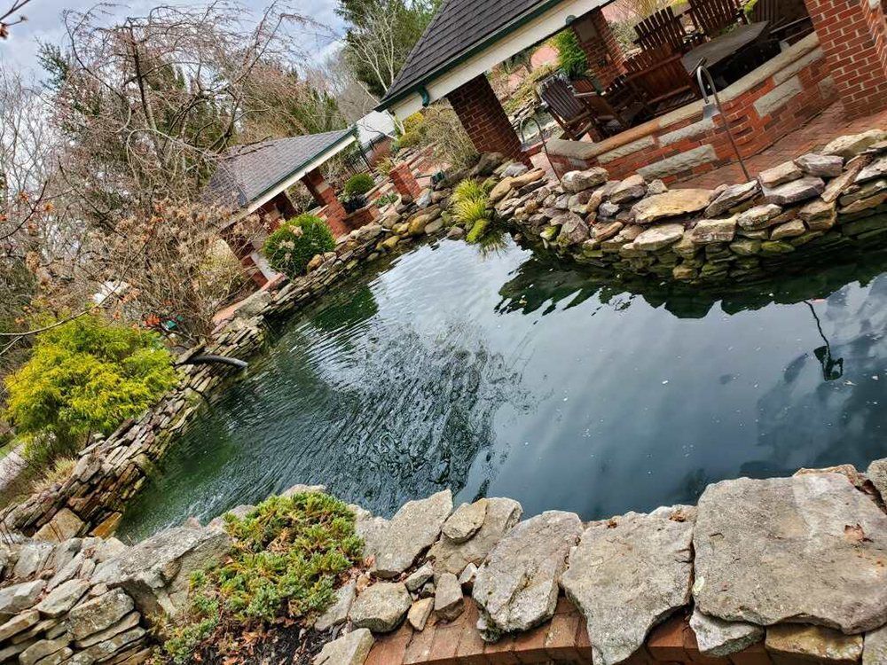 A large pond surrounded by rocks in a garden with a house in the background.