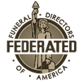 Logo for Federated Funeral Directors of America, featuring a statue holding a torch.