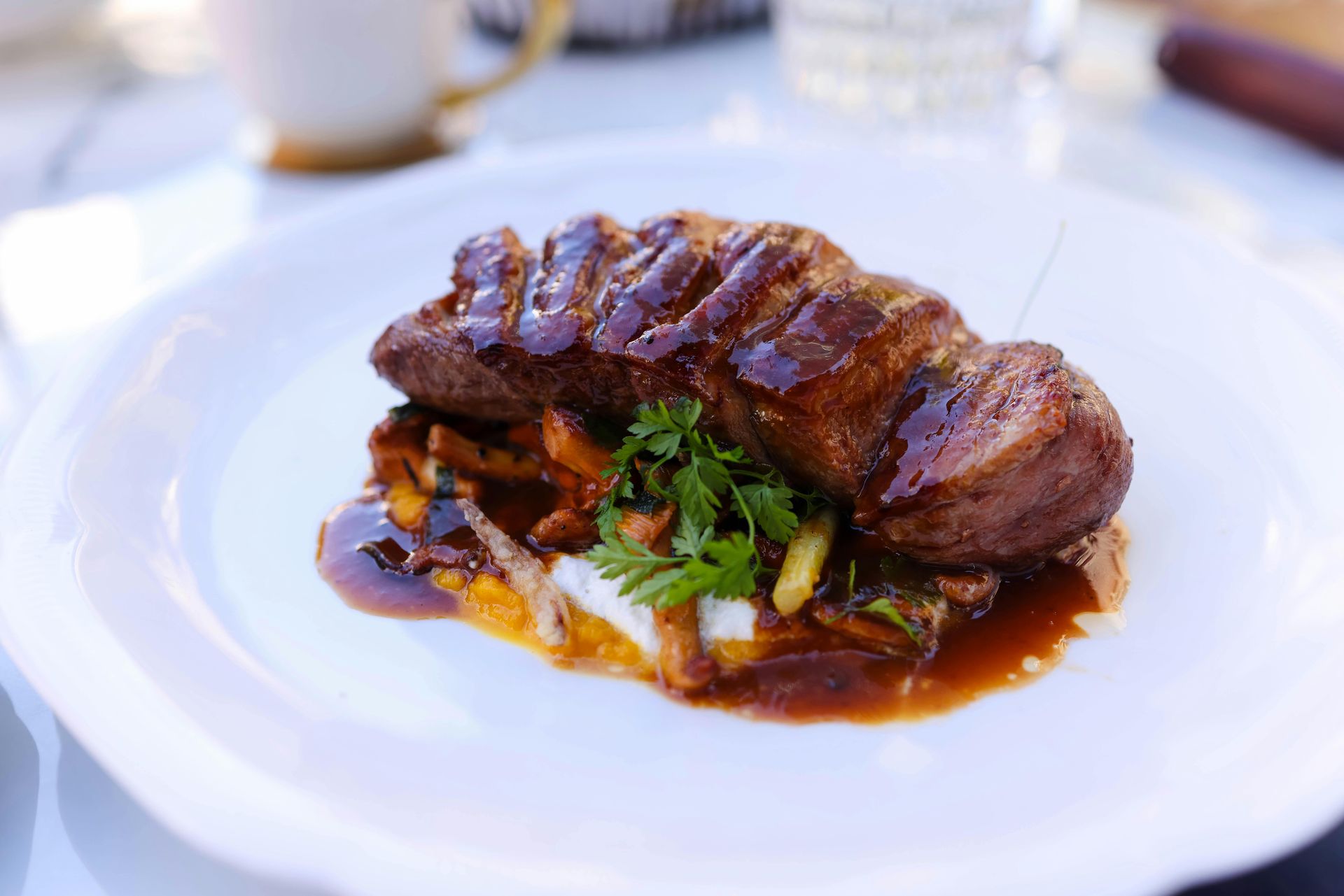 A white plate topped with a piece of meat and sauce