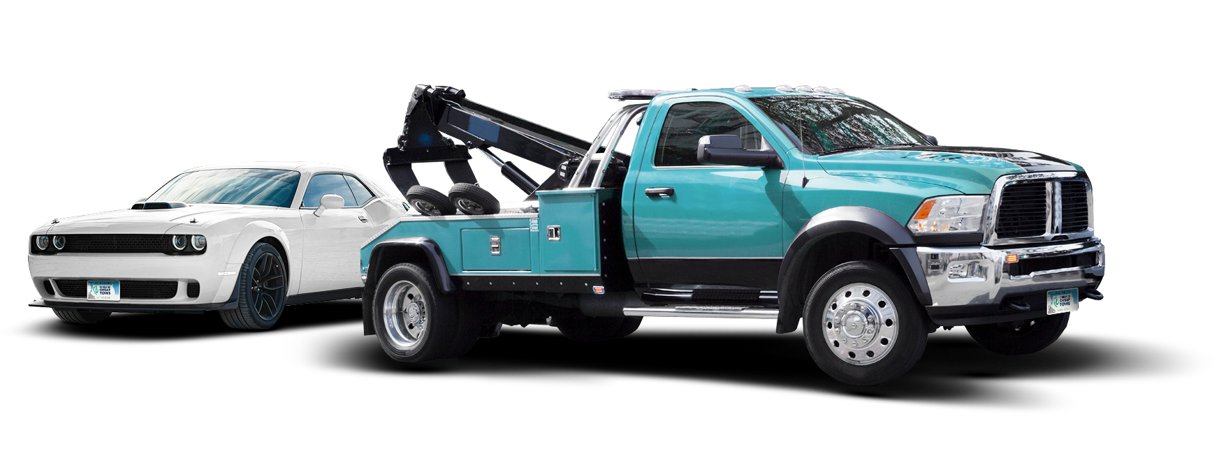 A teal tow truck towing a white sports car on a white background. | Chicago Cheap Tows
