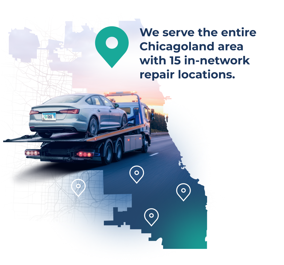 Tow truck carrying a car, map of Chicago with location markers, text: