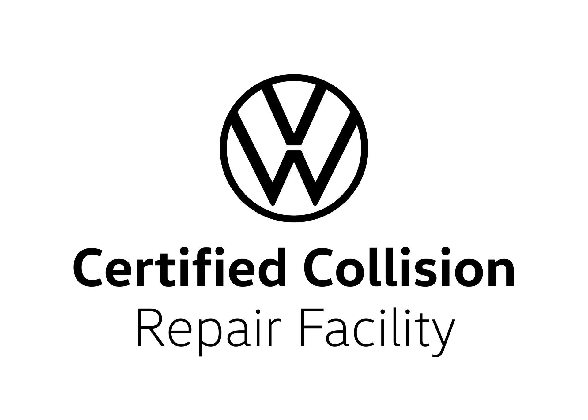 A black and white logo for a certified collision repair facility.